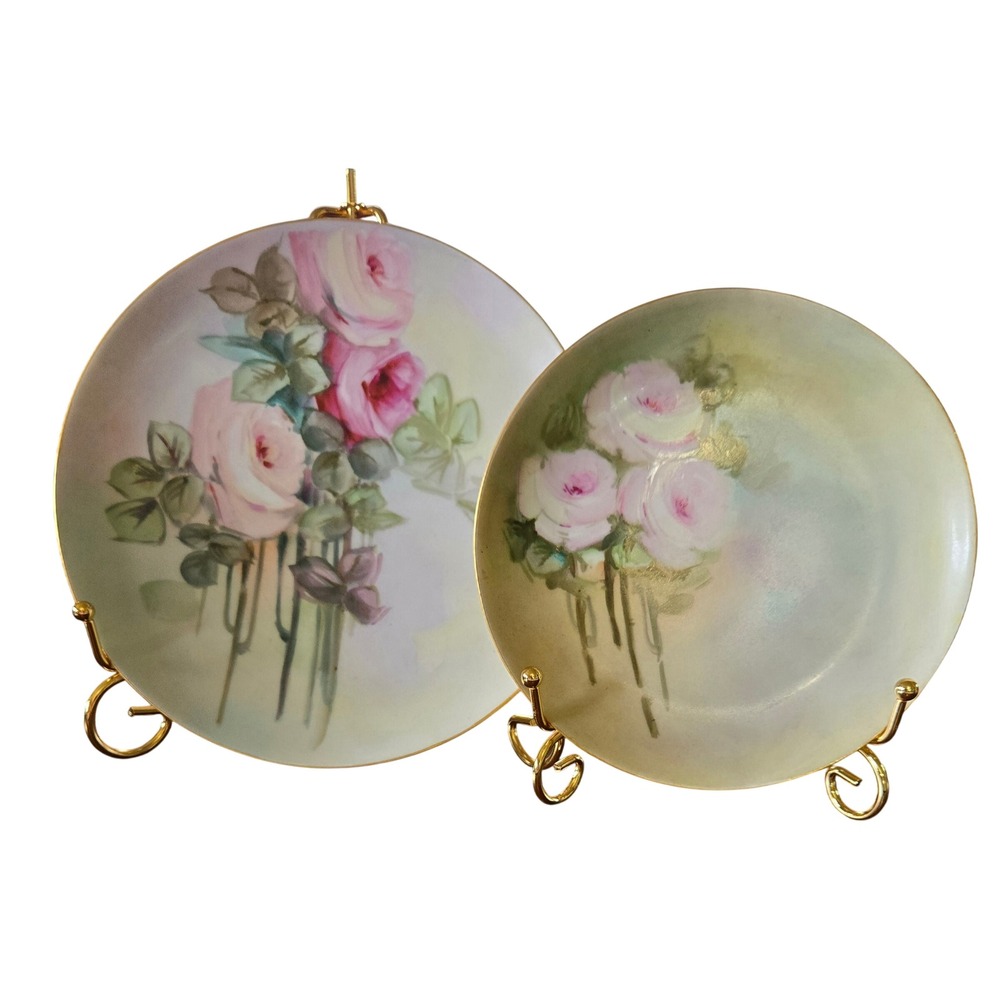 Haviland France Limoges Hand Painted Pink Rose Porcelain Plates Set of 2, 8", 6"